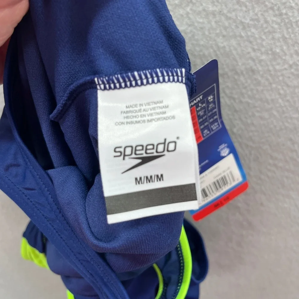 Speedo One Piece Swimsuit Girls M 10 Navy Neon Yellow Colorblock Sporty Pool NEW